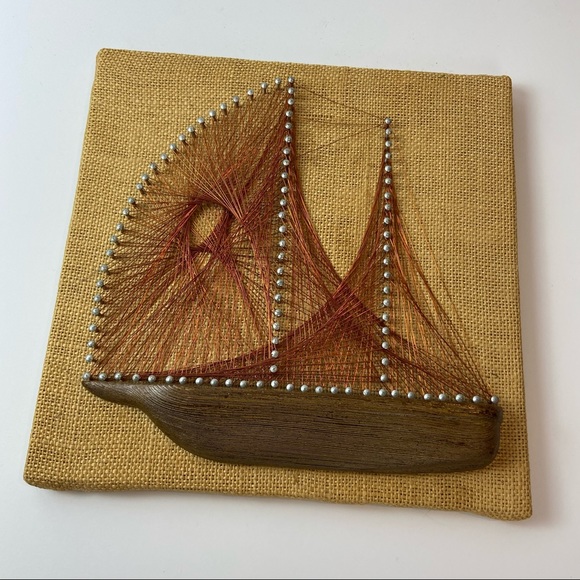 Vintage Other - Vintage Style Sailboat Wood Burlap String Wall Art